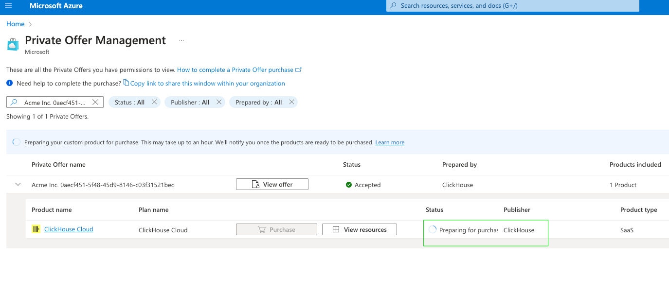 Загрузка страни�цы управления приватным предложением Azure Marketplace