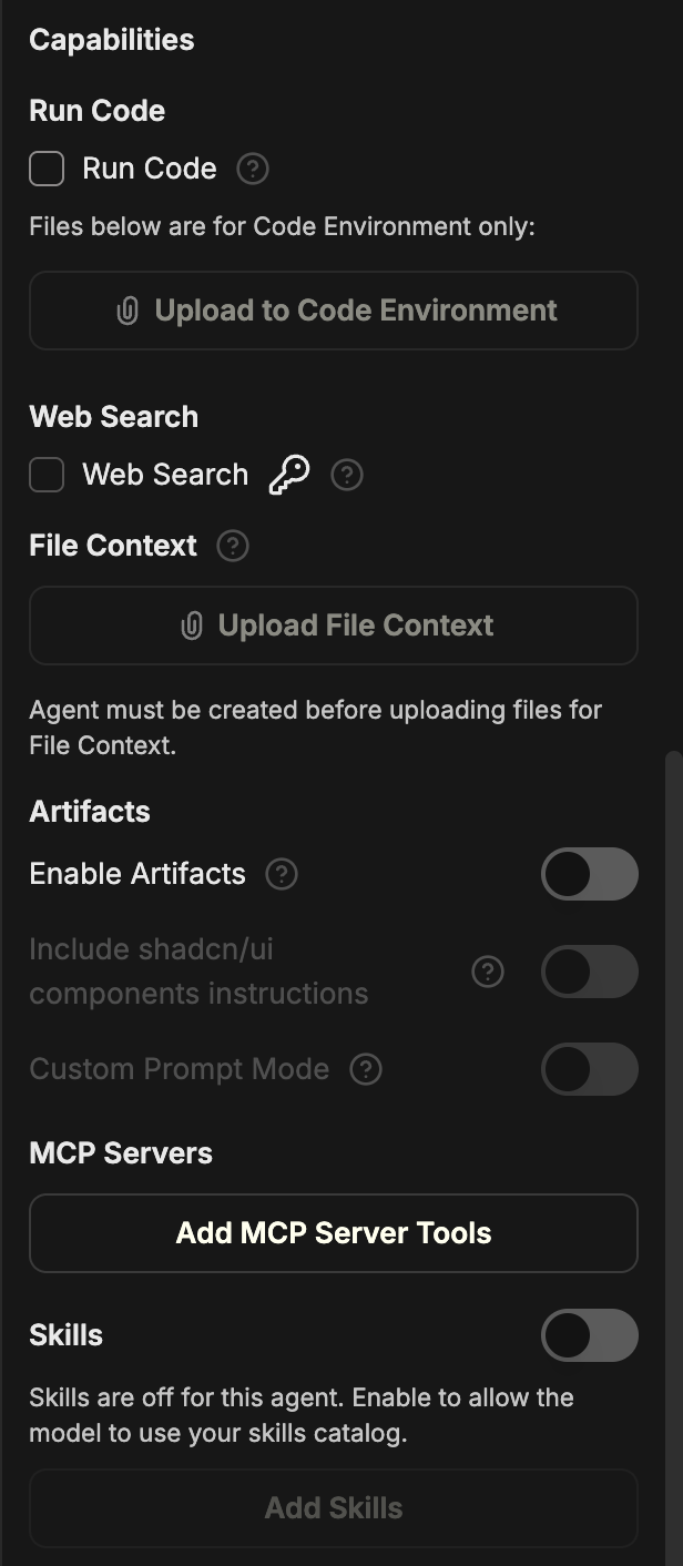 Раздел Capabilities в панели Конструктора агентов с переключателями Run Code, Web Search, File Context, Artifacts, MCP Servers и навыки