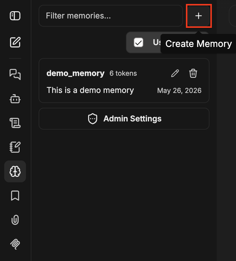 Панель Memory с выделенной кнопкой + Create Memory