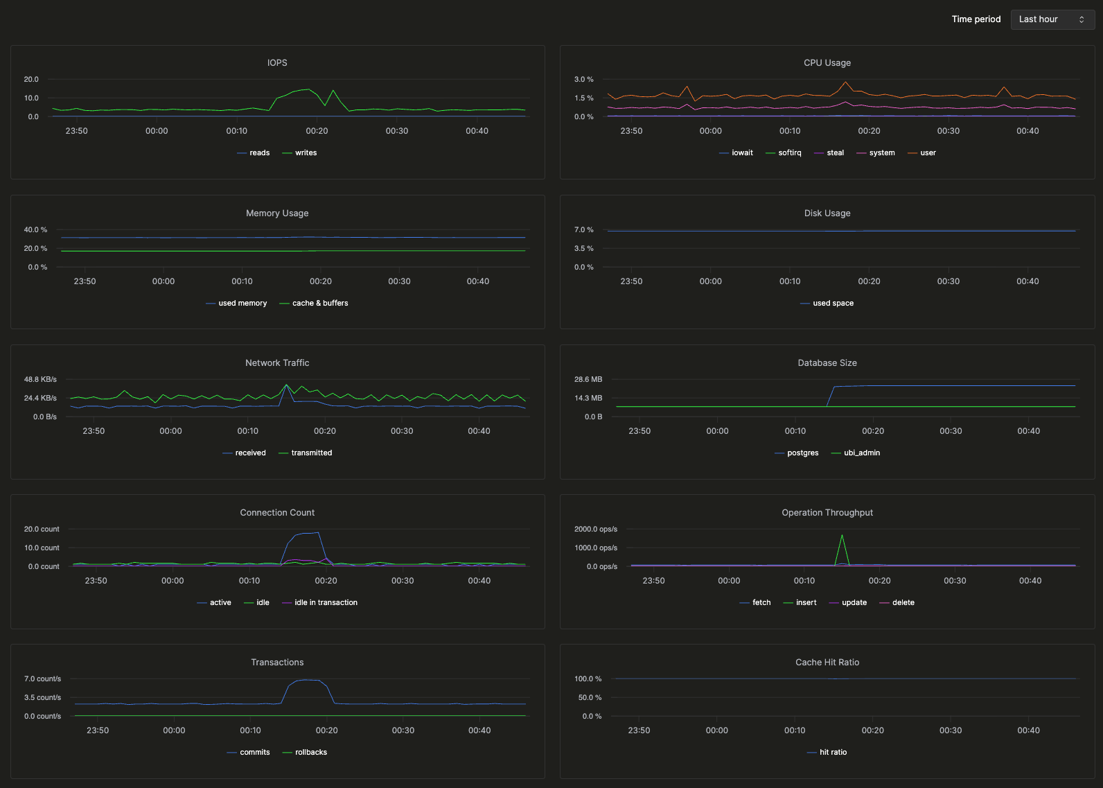 Панель мониторинга, показывающая IOPS, использование CPU, память, диск, сетевой трафик, размер базы данных, подключения, пропускную способность, транзакции, коэффициент попаданий в кэш и взаимные блокировки