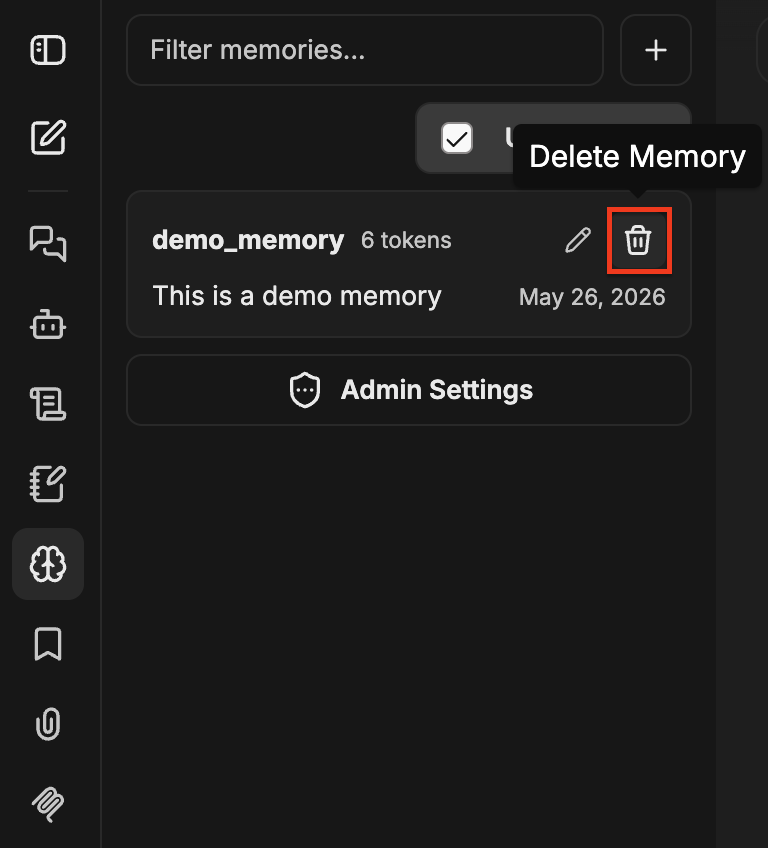 Элемент Memory с выделенным значком корзины «Удалить Memory»