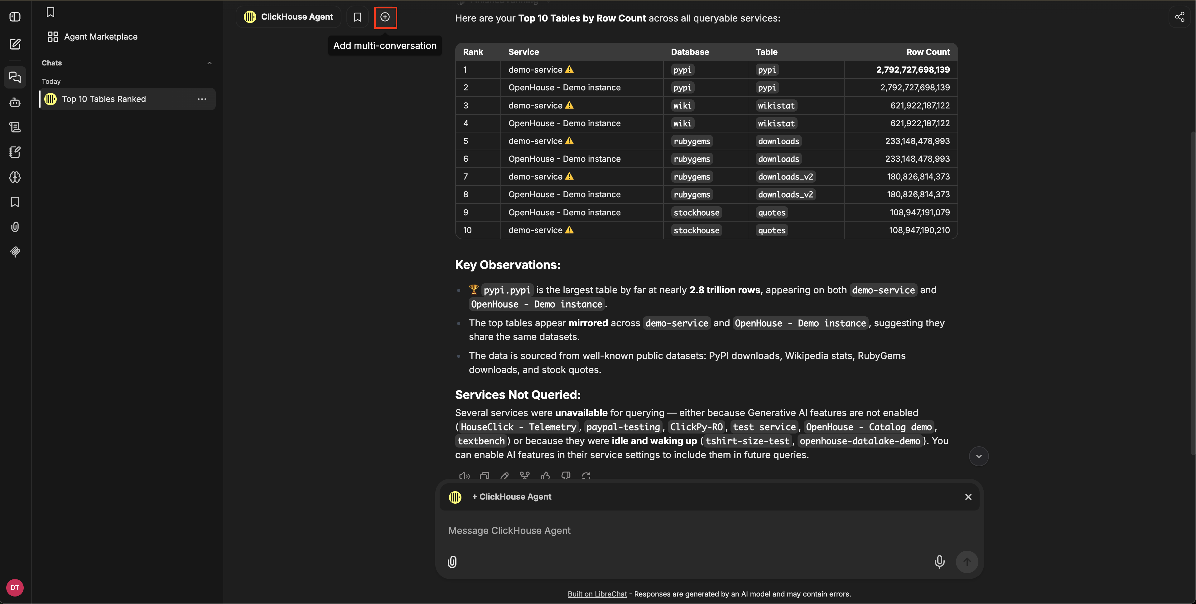 Заголовок чата с выделенной кнопкой Add multi-conversation и индикатором + ClickHouse Agent над полем ввода