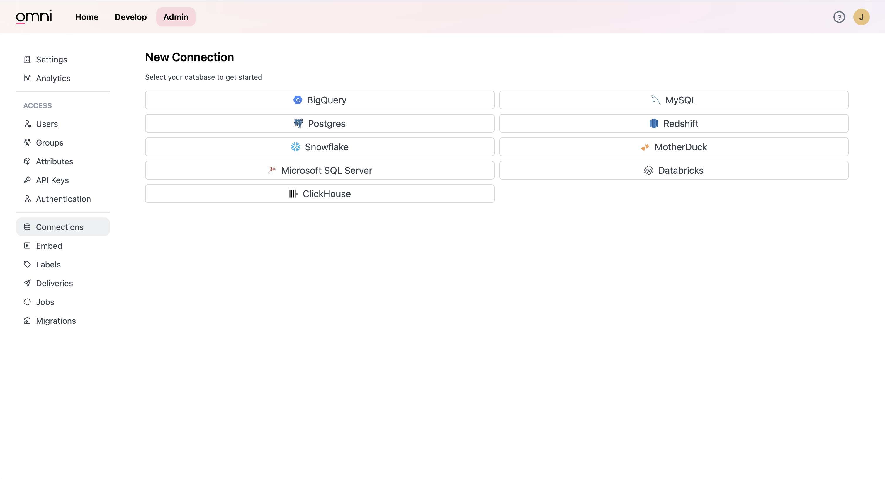 Интерфейс администратора Omni с кнопкой Add Connection в разделе Connections