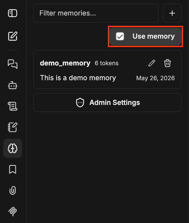 Панель Memory с выделенным в верхней части флажком Использовать Memory