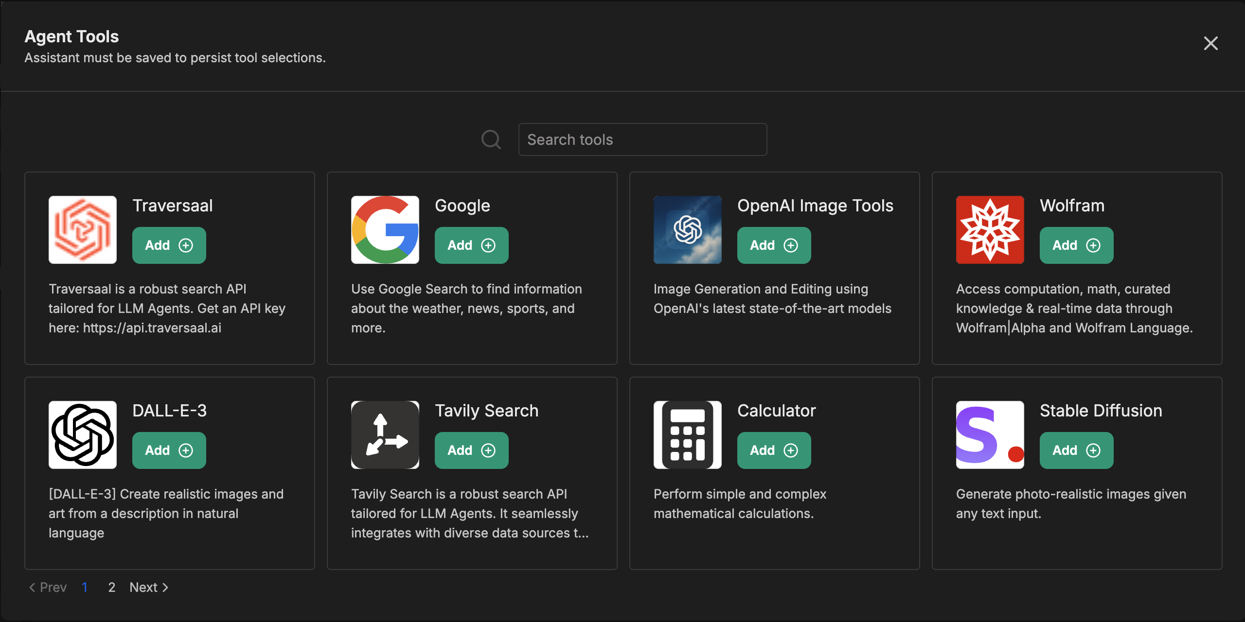 Модальное окно Agent Tools, показывающее сетку сторонних интеграций, включая Google, OpenAI Image Tools, Wolfram, DALL-E-3, Tavily Search, Calculator и Stable Diffusion